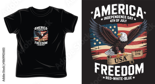 America independence day 4th of july usa freedom tshirt design flying bald eagle american flag banner and stars typography
