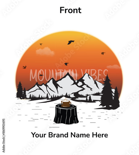 Mountain Landscape T-Shirt Design with Coffee Cup