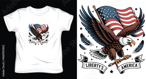 American eagle flying with flag and ribbon banner for patriotic t-shirt design