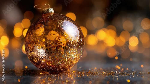 Golden christmas ornament shimmering against festive bokeh lights