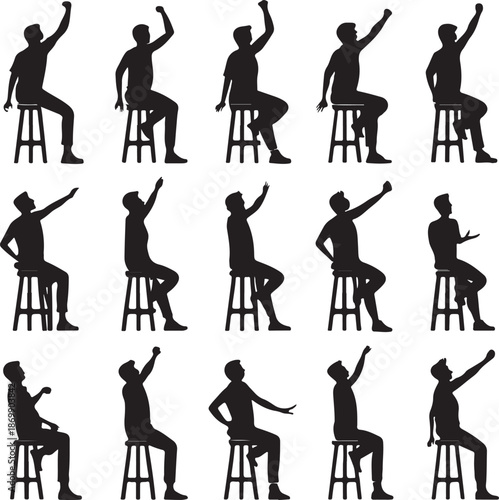 Man sitting on stool in various poses and gestures in black silhouette