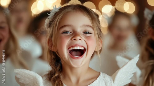Joyful angelic child expressing pure happiness with radiant smile and bright eyes