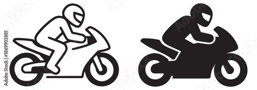 Line art and silhouette icon set featuring a motorcycle rider for transport and sport designs