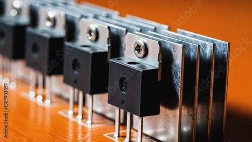 Close-up macro shot of electronic components with heat sinks mounted on a circuit board, symbolizing modern technology and industrial innovation.