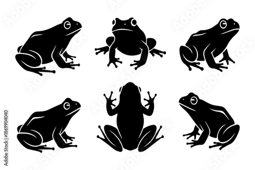 Collection of black frog silhouettes in various poses isolated on a pure white background