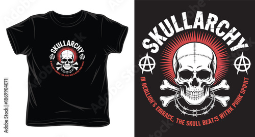 Skull anarchy punk spirit rebellion graphic t-shirt design with skull and crossbones