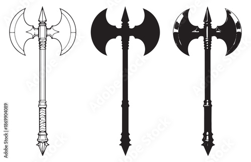 Graphic double headed axe set featuring line art, silhouette, and stylized versions for fantasy game design