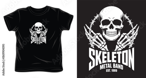 Skeleton metal band est 1989 grim skull with crossed skeleton hands barbed wire vector illustration