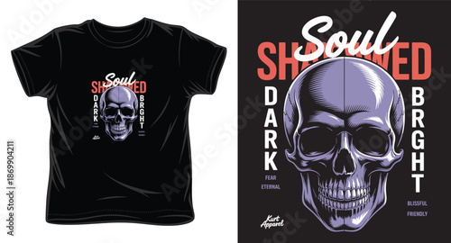 Dark bright split skull illustration with text for cool apparel design
