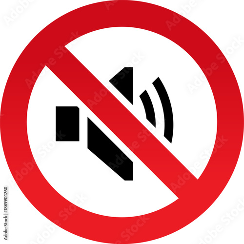 Mute speaker icon in a red prohibition circle symbolizing silence and no sound isolated on a white background