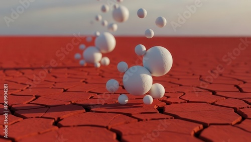 Abstract representation of hydration process with white spheres rising from cracked red ground
