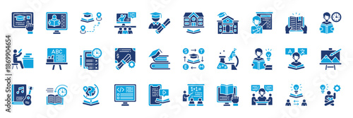 University icon collection Solid style. Containing Online Learning, Education Platform, Distance Education, Virtual Classroom, Graduation, School Building, University