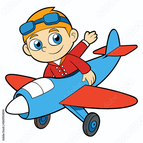 Funny cartoon illustration of a little boy pilot flying a vector airplane and enjoying fun sports like winter snowboarding and skateboarding
