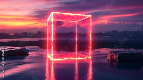 A glowing red cube stands in shallow water, reflecting the sunset sky.