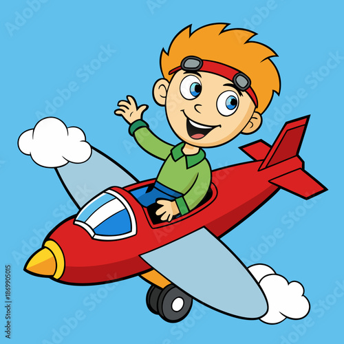 Funny cartoon illustration of a little boy driving a red vector airplane vehicle like a car for travel and transportation fun