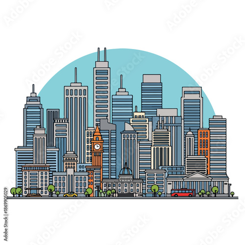 Modern city skyline vector illustration featuring blue glass skyscrapers and urban architecture within a high downtown Chicago business district