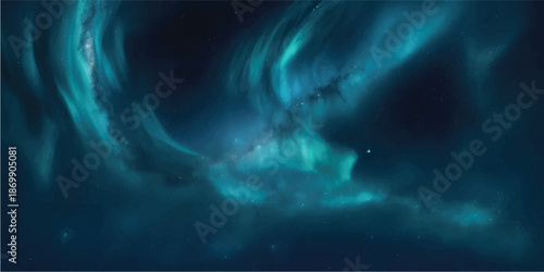 An ethereal x-ray image of a human skull merges with a dark storm texture, featuring motion waves of blue light and aurora smoke against a deep space nature backdrop