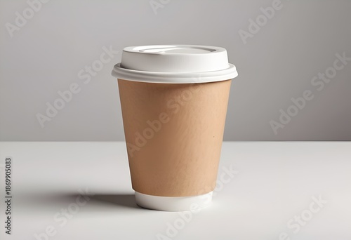 Craft paper takeaway cup mockup with white lid on light background.