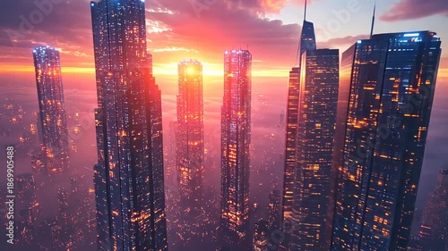 A futuristic city with glowing skyscrapers rises above the clouds at sunset.