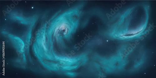 An abstract dark blue space background features a motion design of clouds and smoke with energetic lightning textures and glowing star light