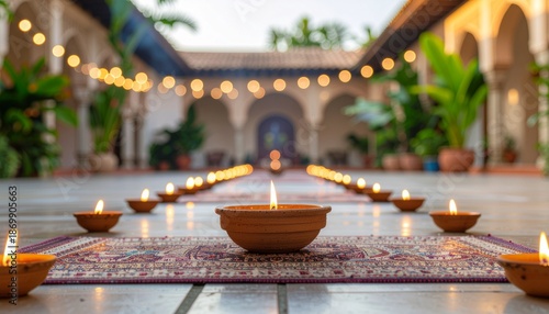 Serene courtyard lit with traditional clay lamps on colorful rug
