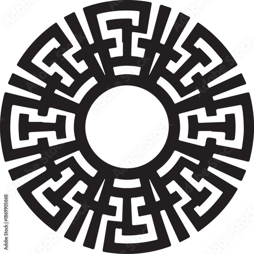 Black and white radial maze pattern with a central circle and symmetrical pathways