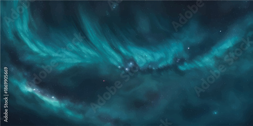 Abstract space background with dark blue clouds, glowing light, stormy motion, and open area for text design