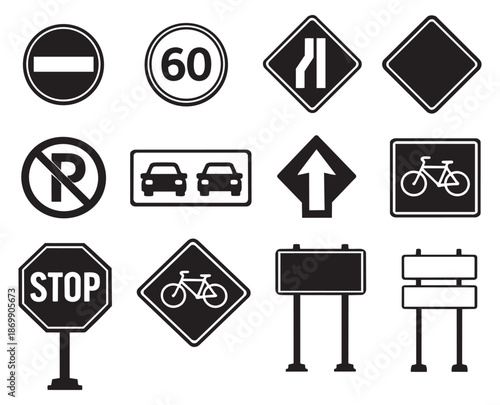 Graphic road signs set featuring various traffic and warning symbols for road safety and navigation designs
