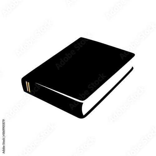 Closed black book with gold stripes on the spine lying on its side