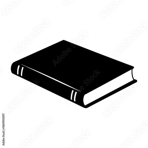Isometric view of a closed black hardcover book with white pages
