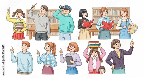 People reading and learning in various poses