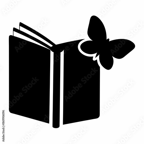 A black open book with pages and butterfly illustration silhouette