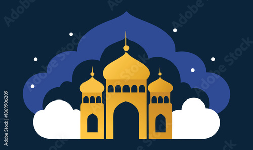 Vector illustration of a night silhouette of an old Orthodox cathedral building with a dome and cross tower representing religious architecture and city culture