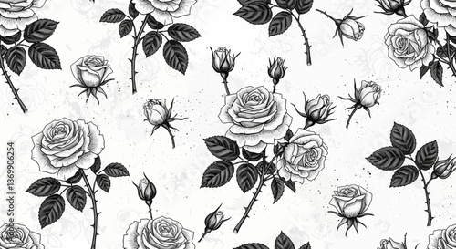 Black and white rose pattern with leaves and stems