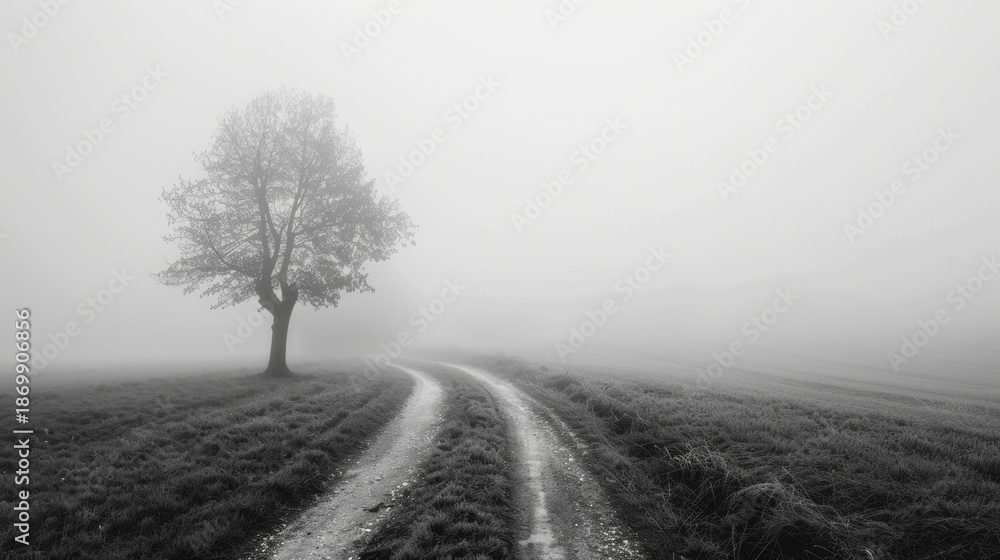Fototapeta premium The fog transforms the mundane fields into a mystical and magical world. Black and white art