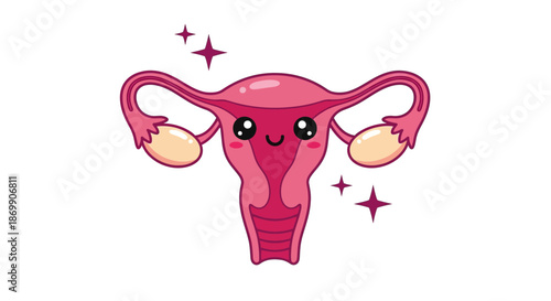 A cartoon illustration of a smiling pink uterus with ovaries and sparkles