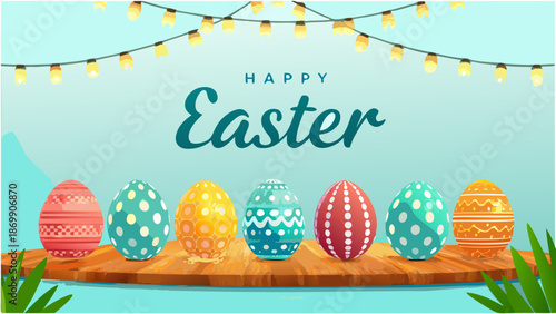 Vibrant Easter eggs on wooden board with string lights