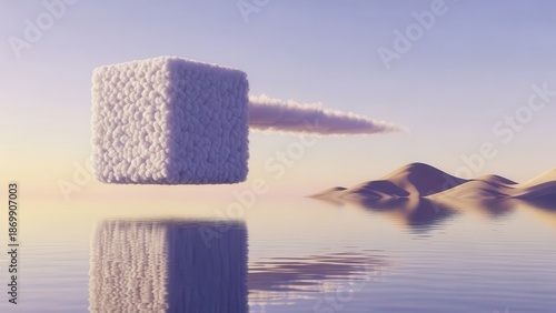 Floating textured cube with cloud stream over calm water in minimalist desert scene