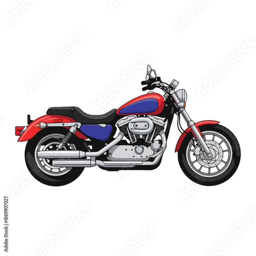 Red sport motorbike with chrome engine and black wheels isolated on white background for fast transport and road speed
