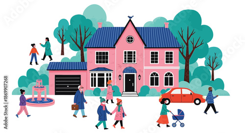 Colorful suburban neighborhood scene with people and a pink house