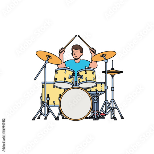 A professional rock musician in a band plays a percussion drum kit and cymbals on stage during a musical concert entertainment performance
