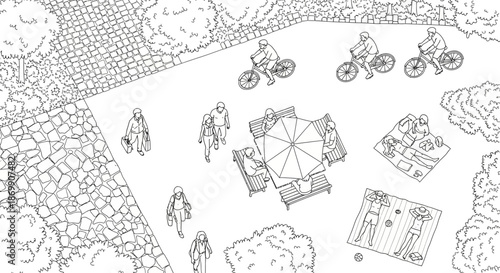 Overhead view of a park with people and rides