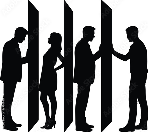 Silhouettes of people separated by physical walls representing social isolation, communication barriers, and psychological distance in a modern society.