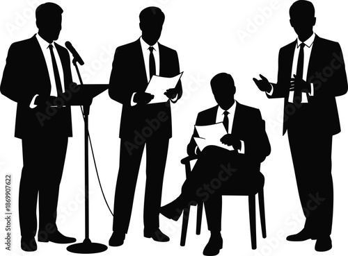Professional business people silhouettes in formal suits conducting a corporate meeting with a speaker giving a presentation on stage.