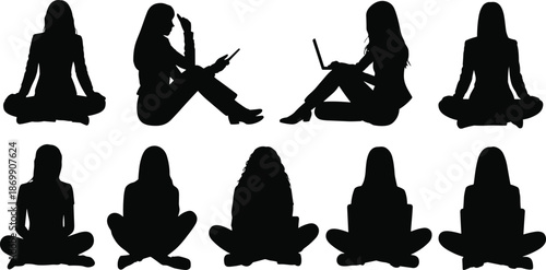 Set of professional businesswomen silhouettes featuring diverse poses of female leaders, executives, and entrepreneurs working on laptops and tablets.