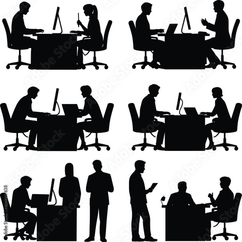 Professional office workflow silhouettes featuring business people at desks, working on computers, and conducting meetings in corporate environments.