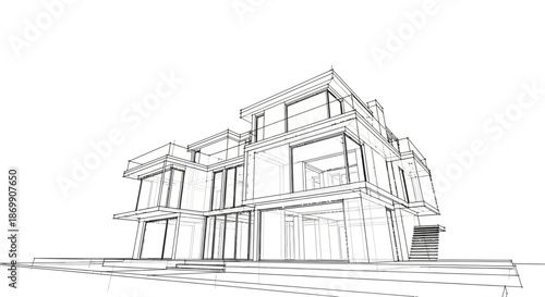 A detailed architectural sketch of a modern building with columns and windows