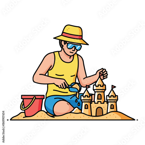 A smiling mature construction worker wearing a cap and posing while holding a drill and hammer in a studio