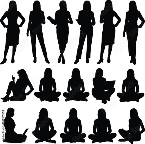 Set of professional businesswomen silhouettes in various poses including standing, sitting, and working on laptops for female leadership.