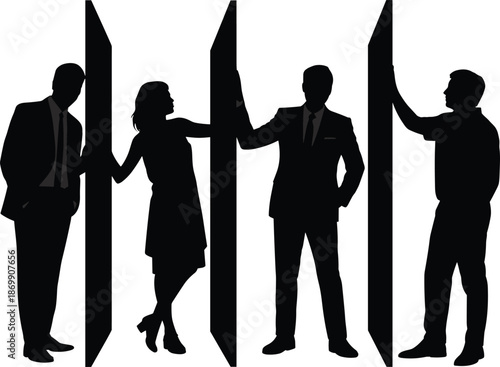 Silhouettes of professional people separated by physical walls, illustrating social isolation, communication barriers, and structural division in the workplace.
